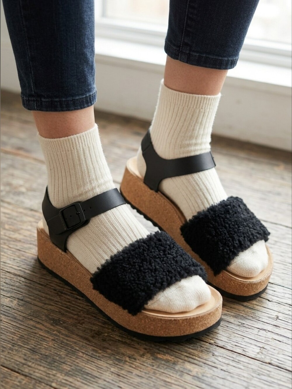 Papillio Birkenstock Glenda Teddy Black Shearling Cork Platform Sandals NEW US 9
